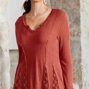 Soft Surroundings | Burnt Orange So Smitten Long Sleeve Pointelle Top | Sz S
